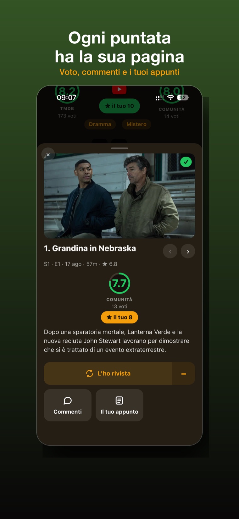 La pagina di una puntata: voto, commenti e appunti